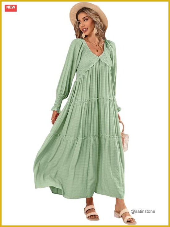 Dresses & Skirts - Flowy Maxi Dress Long Sleeve V Neck Empire Waist Ruffle Boho Casual